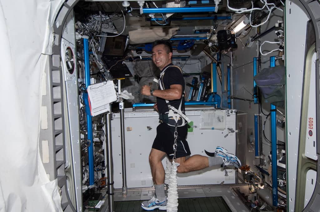International Space Station astronauts exercising